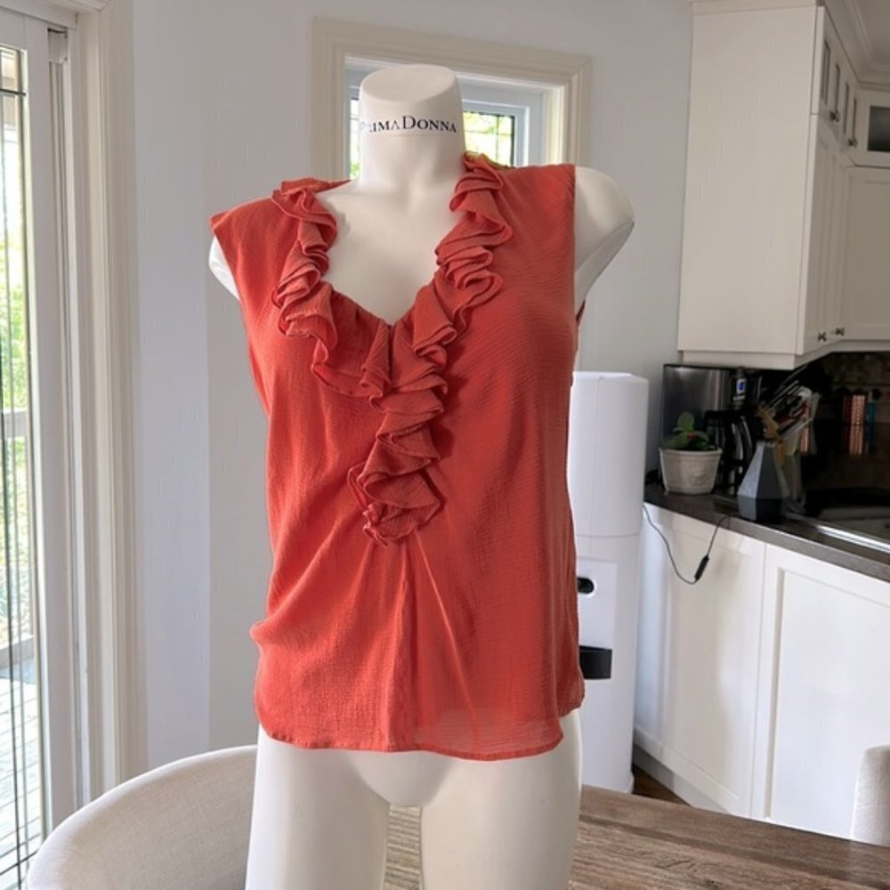 Etro orange v neck ruffle front side zip top sz 46